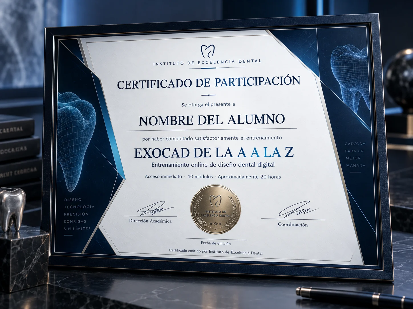 Certificado de participación del entrenamiento Exocad de la A a la Z
