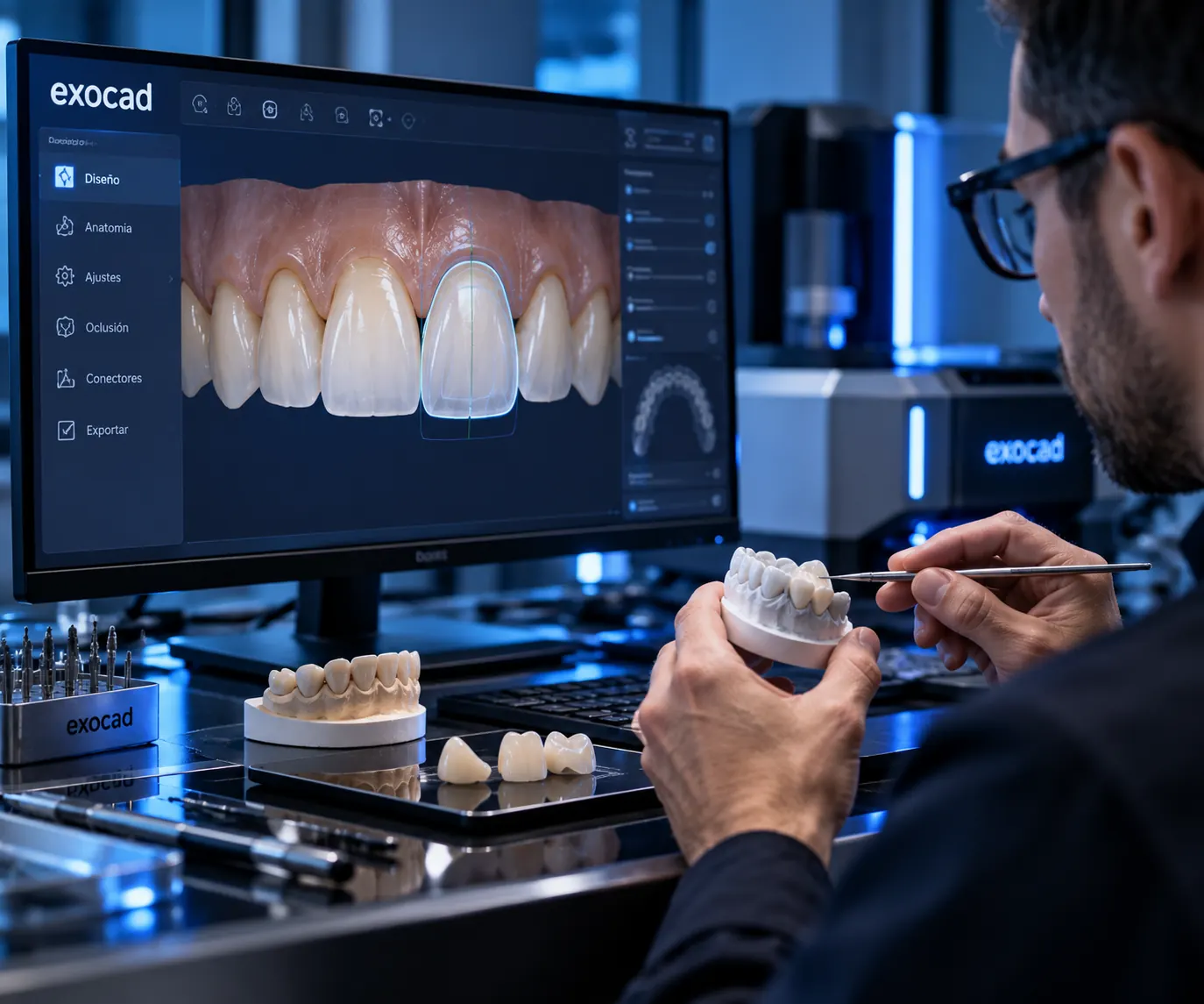 Profesional trabajando en diseño dental digital y revisando una restauración