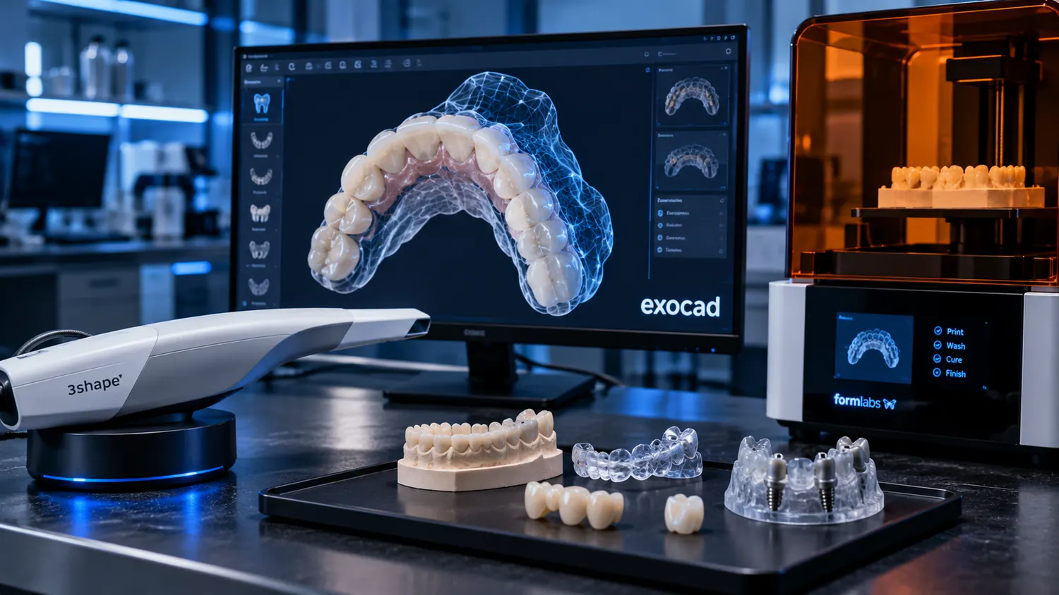Flujo avanzado de odontología digital con escaneo, diseño CAD/CAM y fabricación