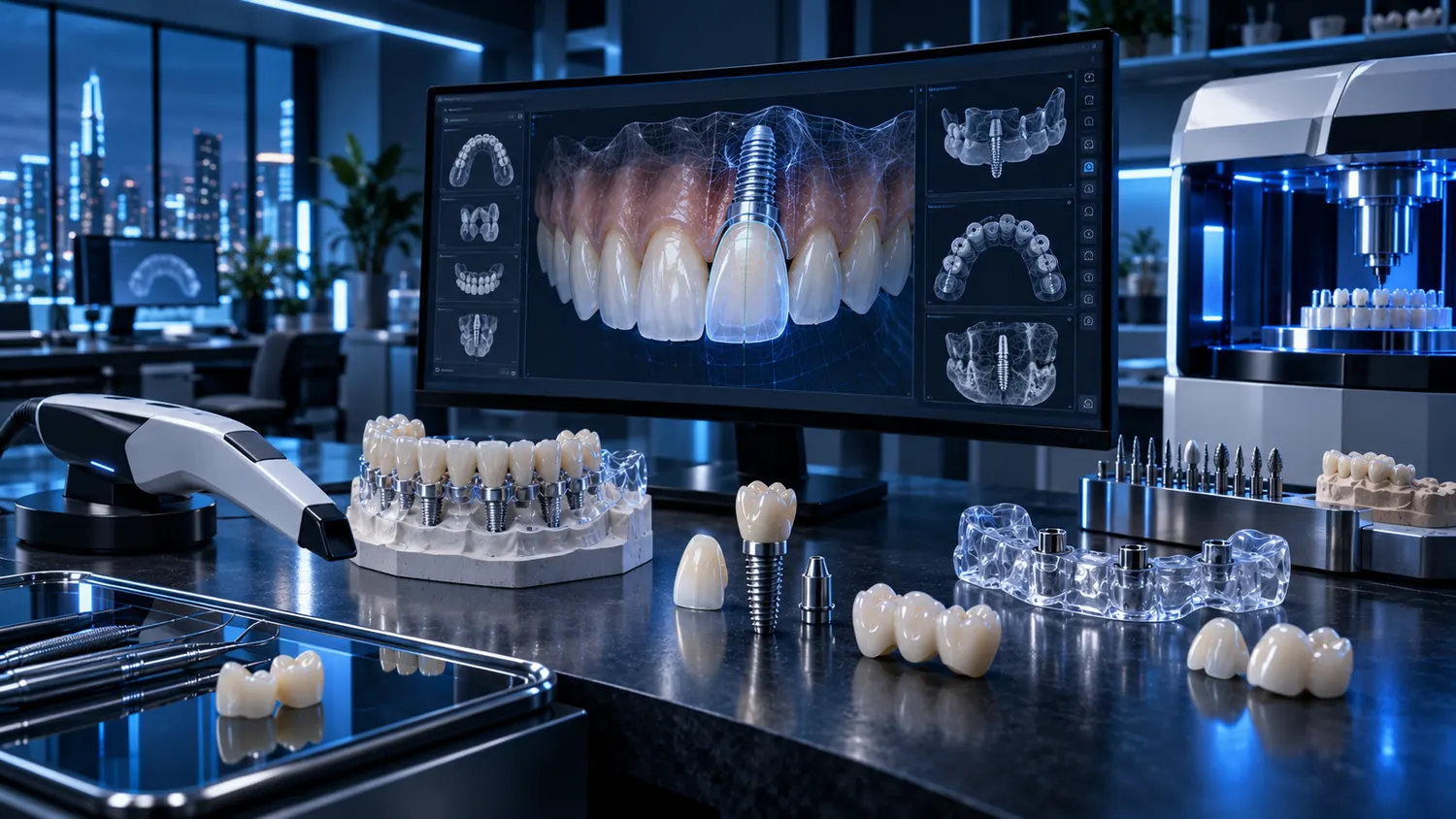 Entorno de trabajo de odontología digital con escaneo, diseño CAD/CAM, implantes y flujo digital