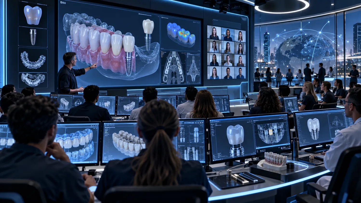 Entrenamiento avanzado de odontología digital con alumnos, pantallas CAD/CAM y formación especializada